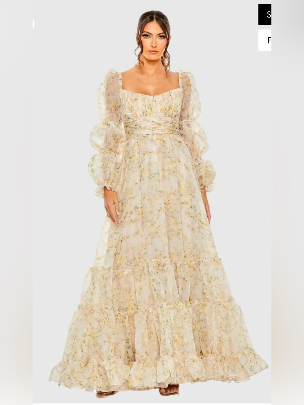Mac Duggal NWT Sz 6 Floral Sweetheart Balloon Sleeve Chiffon Tiered Gown Yellow